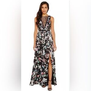 Adrianna Papell Black and Pink Floral Lace Maxi Dress